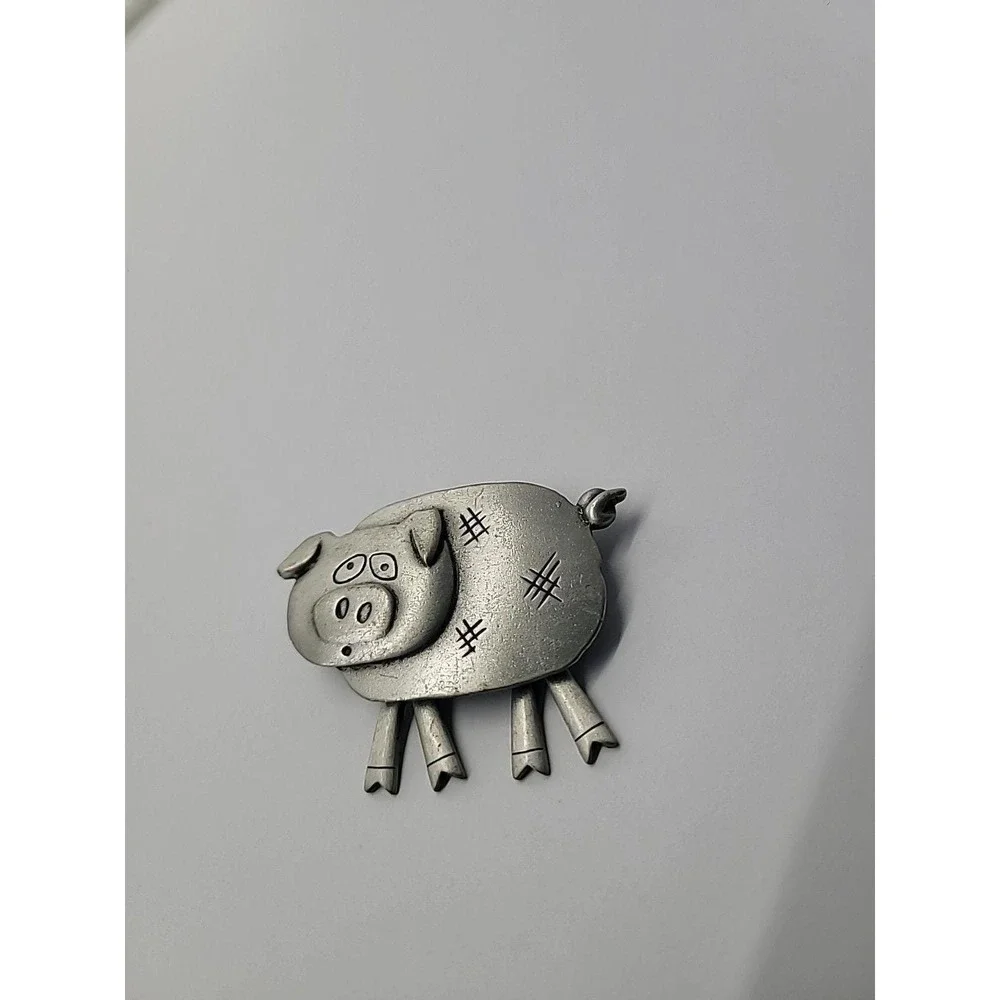 Vintage JJ Jonette Pig Brooch Silver Tone Dangle Articulated Legs Farm Animal